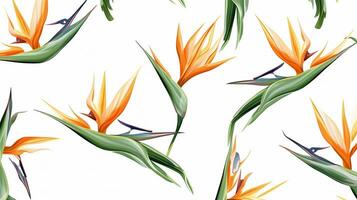 Seamless pattern of Bird of Paradise flower in watercolor style isolated on white background. Bird of Paradise flower texture background. Generative AI photo