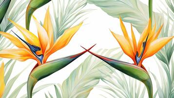 Seamless pattern of Bird of Paradise flower in watercolor style isolated on white background. Bird of Paradise flower texture background. Generative AI photo