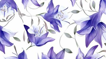 Seamless pattern of Bellflower flower in watercolor style isolated on white background. Bellflower flower texture background. Generative AI photo