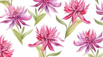 Seamless pattern of Bee Balm flower in watercolor style isolated on white background. Bee Balm flower texture background. Generative AI photo