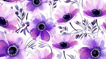 Seamless pattern of Anemone flower in watercolor style isolated on white background. Anemone flower texture background. Generative AI photo