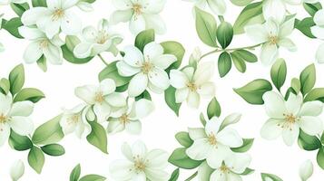 Seamless pattern of Jasmine flower in watercolor style isolated on white background. Jasmine flower texture background. Generative AI photo