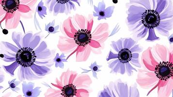 Seamless pattern of Anemone flower in watercolor style isolated on white background. Anemone flower texture background. Generative AI photo