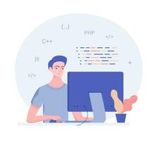 Programmer at work, web development concept. Young man is programming code. Use for web, infographics. Trendy flat style. Vector illustration.