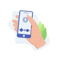 Personal assistant and voice recognition on mobile app. Concept of human hand holds smartphone with microphone button on screen and voice and sound imitation lines. Trendy flat style. Vector