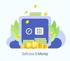 Cash protection concept. Safe box with money. Dollar coins and banknotes. Flat trendy style. Vector illustration.