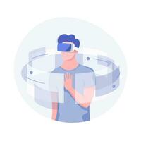 Future technology concept. Young man with VR headset with touching vr interface. Into virtual reality world. Trendy flat style. Vector illustration.