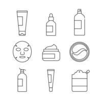Set of skin care and cosmetics icons. Cleansing foam, face cream, serum, toner, mask, eye patch, eye cream. Outline style. Vector illustration.