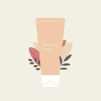 Cleansing foam with plant leaves. Skin care and cosmetics design. Trendy flat style. Vector illustration.
