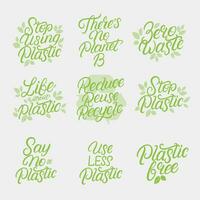Eco friendly hand written lettering quotes, phrases set. Use Less Plastic, Say No to Plastic, Zero Waste and others for card, stickers, prints, textile design. Vector illustration.