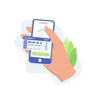 Plane ticket app concept. Online shopping buy plane ticket. Hand holding smartphone. Vector illustration.
