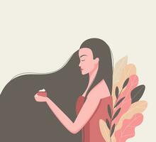 Skin care concept. Beautiful young woman in big leaves with light skin and brown hair. Girl holding cream in her hand. Trendy flat style. Vector illustration.