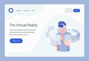 VR landing page template. Young man with VR headset with touching vr interface. Into virtual reality world. Trendy flat style. Vector illustration.