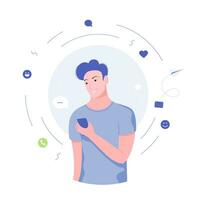 Young man sending a message via chat to someone using his smartphone. Social media networking. Mobile chat with friends. Trendy flat style. Vector illustration.