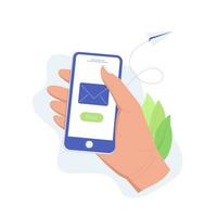 E-mail service, marketing, sending concept. Hand holds smartphone with sent message. Trendy flat style. Vector illustration.