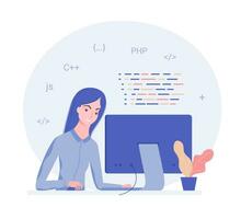 Programmer at work, web development concept. Young woman is programming code. Use for web, infographics. Trendy flat style. Vector illustration.