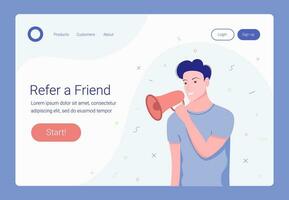 Refer a friend concept. Happy young man speaking megaphone. Landing page template. Trendy flat cartoon style. Vector illustration.