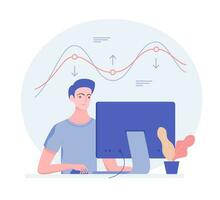 Data analysis concept. Young man working and analyzing financial statistics. Business intelligence technology. Analysis concept for web or infographics. Trendy flat style. Vector illustration.