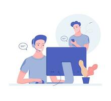 Customer and operator, online support 24-7 concept. Hotline operator advises client. Online assistant, virtual help service. Trendy flat style. Vector illustration.