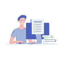 Online exam concept. Happy young man solves the test correctly. Trendy flat style. Vector illustration.