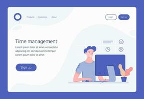 Time managemetnt concept. Landing page template. Office man working day. Man cope with work and schedule on wall. Trendy flat style. Vector illustration.