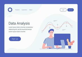 Data analysis concept. Landing page template. Young man working and analyzing financial statistics. Business technology. Analysis concept for web, infographics. Trendy flat style. Vector illustration.