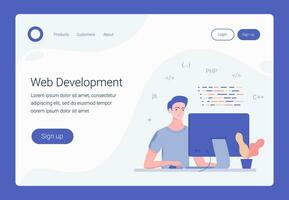 Programmer at work, web development concept. Young man is programming code. Use for web, infographics. Trendy flat style. Vector illustration.