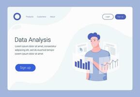 Data analysis landing page template. Young man analyzing statistics. Business intelligence technology. Data analysis, strategy and planning concept. Trendy flat style. Vector illustration.