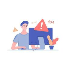 Operating system error concept. A young man and a computer with a system error. 404 page concept. Tendy flat style. Vector illustration.