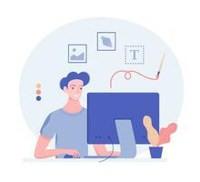 Happy young man designer working on computer. Trendy flat style. Vector illustration.