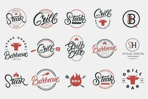 Set of hand written lettering logo, badge, label, sign, emblem for grill and barbecue restaurant, cafe, foods shop, steak house. Modern calligraphy. Vintage typography. Vector illustration.