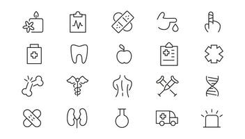 medicina y salud cuidado plano iconos mínimo Delgado línea web icono colocar. contorno íconos colección vector