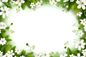 Floral border frame card template. green flowers, leaves, for banner, wedding card. Springtime composition with copy-space, Generative AI illustration photo