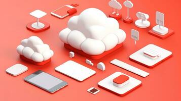 3d rojo blanco nube icono mínimo estilo, nube informática en línea servicio, digital tecnología seguridad concepto, generativo ai ilustración foto