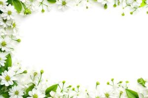 floral frontera marco tarjeta modelo. verde flores, hojas, para bandera, Boda tarjeta. primavera composición con espacio de copia, generativo ai ilustración foto