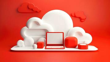 3d rojo blanco nube icono mínimo estilo, nube informática en línea servicio, digital tecnología seguridad concepto, generativo ai ilustración foto