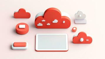 3D red white cloud icon minimal style, cloud computing online service, digital technology security concept, Generative AI illustration photo