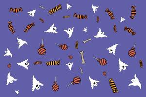 halloween background of ghosts and candies on purple background vector