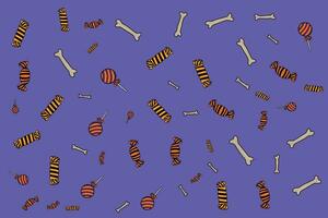 halloween background of bones and candies on purple background vector