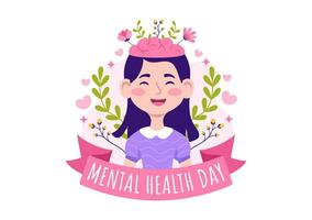 World Mental Health Day Vector Illustration on October 10 with Healthy Problem and Heart in Brain in Flat Cartoon Hand Drawn Background Templates