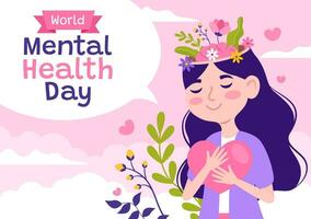 World Mental Health Day Vector Illustration on October 10 with Healthy Problem and Heart in Brain in Flat Cartoon Hand Drawn Background Templates