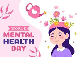 World Mental Health Day Vector Illustration on October 10 with Healthy Problem and Heart in Brain in Flat Cartoon Hand Drawn Background Templates