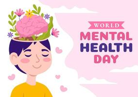 World Mental Health Day Vector Illustration on October 10 with Healthy Problem and Heart in Brain in Flat Cartoon Hand Drawn Background Templates