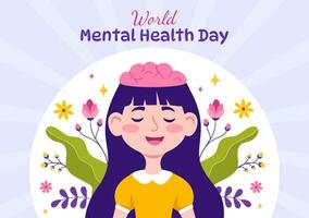 World Mental Health Day Vector Illustration on October 10 with Healthy Problem and Heart in Brain in Flat Cartoon Hand Drawn Background Templates