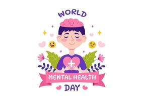 World Mental Health Day Vector Illustration on October 10 with Healthy Problem and Heart in Brain in Flat Cartoon Hand Drawn Background Templates