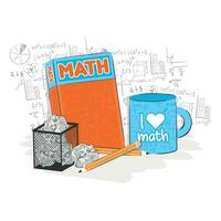 Math book with an empty mug and a recyclable bin School concept Vector