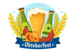 contento Oktoberfest fiesta festival vector ilustración con cerveza, embutido, pan de jengibre, alemán bandera y ets antecedentes plano dibujos animados mano dibujado plantillas