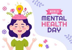 World Mental Health Day Vector Illustration on October 10 with Healthy Problem and Heart in Brain in Flat Cartoon Hand Drawn Background Templates