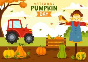 National Pumpkin Day Vector Illustration on 26 October with Cute Cartoon Style Pumpkin Character on Garden Background Hand Drawn Template