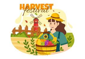 Happy Harvest Festival Vector Illustration of Autumn Season Background with Pumpkins, Maple Leaves, Fruits or Vegetables in Flat Cartoon Templates